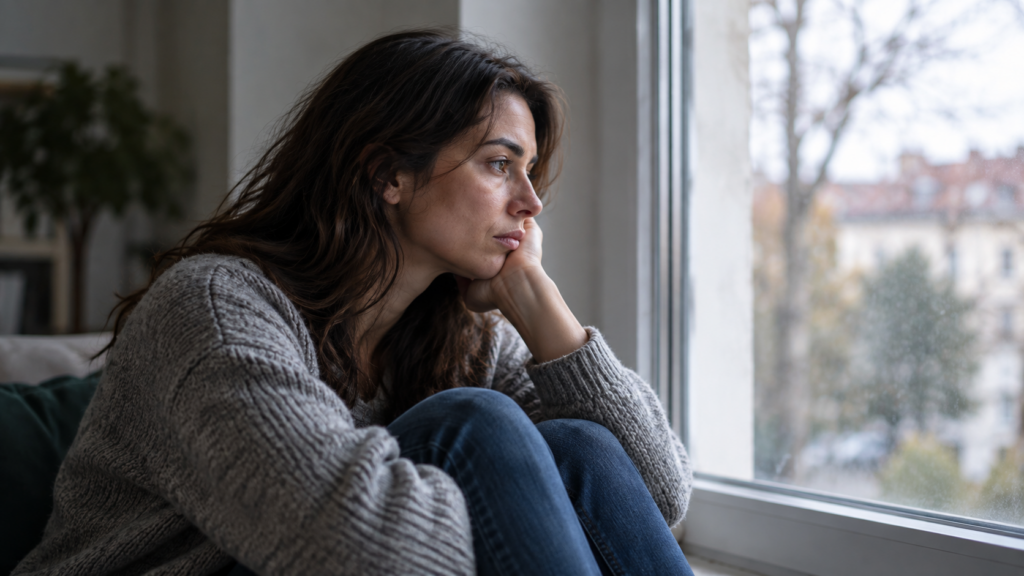 Depressione: donna pensierosa accanto a una finestra