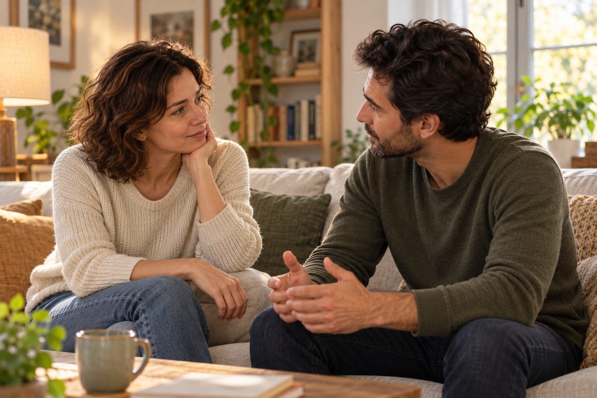 Coppia adulta che dialoga serenamente sul divano: comunicazione e intimità